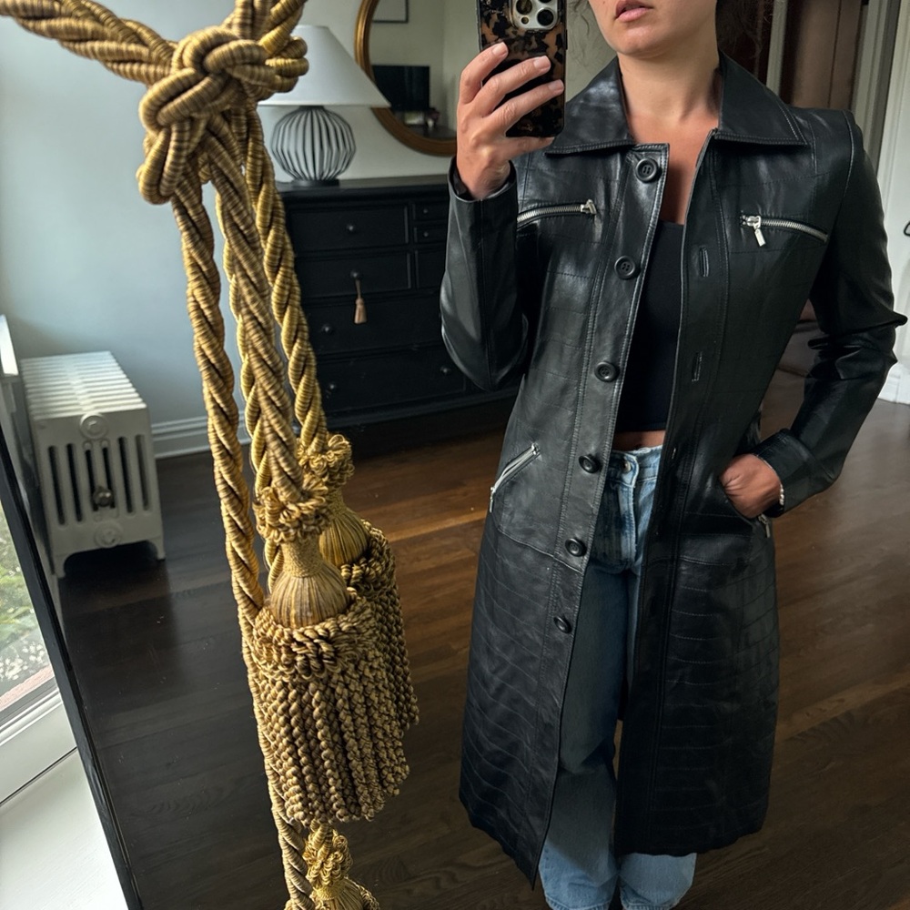 Women's Black Leather Long Trench Coat Jacket
